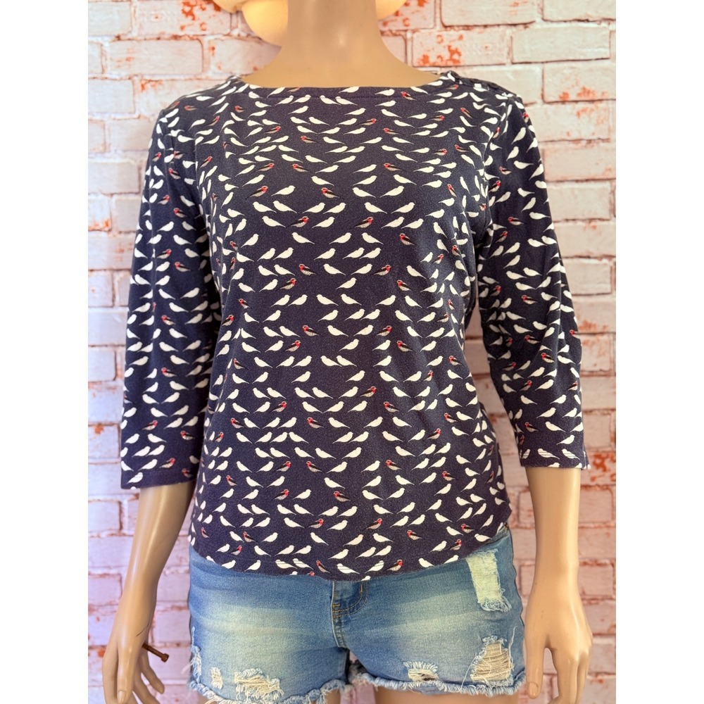 Charter Club Womens XXL Navy Blue Sparkly Bird Print Pima Cotton Boat Neck Top